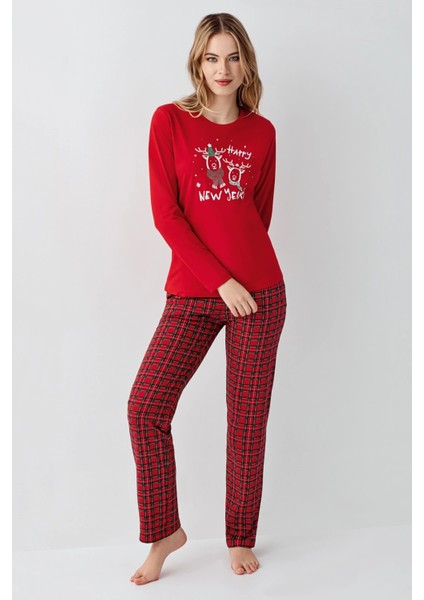 Kırmızı Ekose Desenli Bisiklet Yaka Uzun Kol Kadın Pijama Takım fiyatları