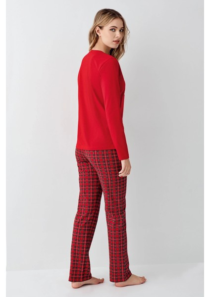 Kırmızı Ekose Desenli Bisiklet Yaka Uzun Kol Kadın Pijama Takım fırsatları
