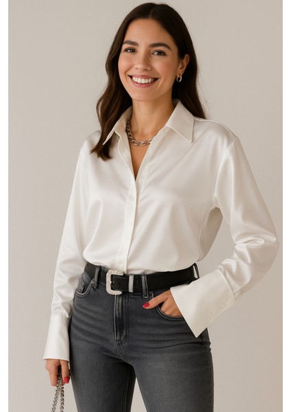 “kadın Saten Dokulu Şık Uzun Kollu Gömlek – Ofis & Günlük Kullanıma Uygun Bluz” indirimleri