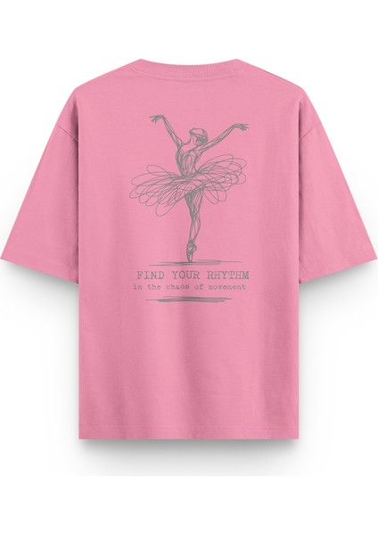 Pembe Yarı Oversize Tshirt Balerin Find Your Rhythm Minimal Baskılı Oversize Tişört 1386