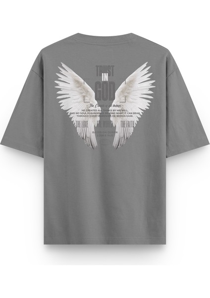 Gri Yarı Oversize Tshirt Trust In God Melek Kanadı Angel Baskılı Oversize Tişört 1387