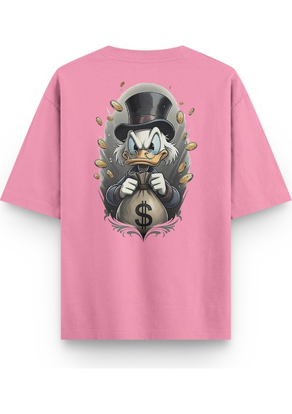 John D. Rockerduck Varyemez Amca Yarı Oversize Sırt Baskılı Pembe Tshirt 1380