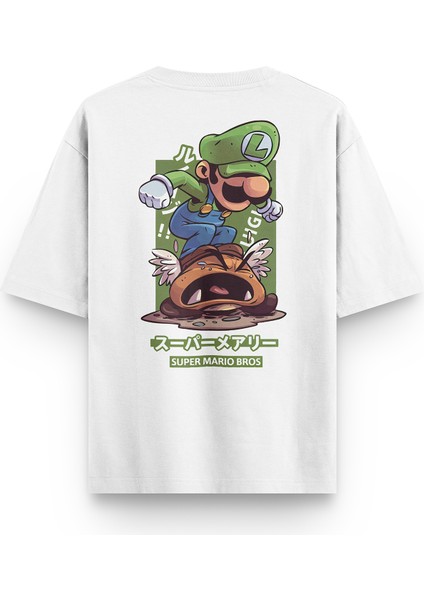 Super Mario Yarı Oversize Sırt Baskılı Beyaz Tshirt 1390