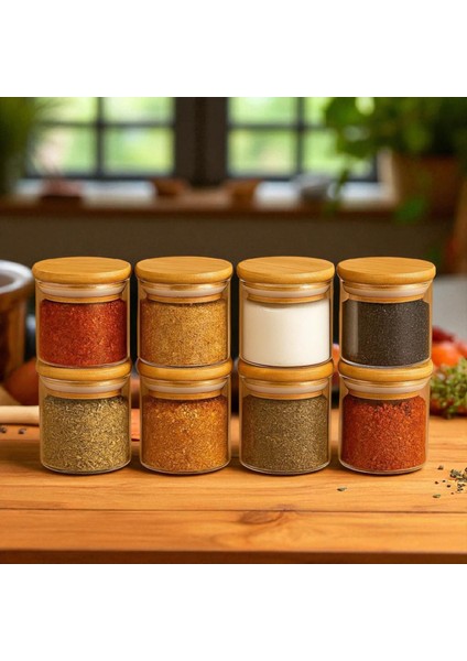 8'li 70*100MM Borosilikat Cam Baharatlık Seti - Sızdırmaz Silikonlu Bambu Kapak - 300 ml (X8) fırsatları