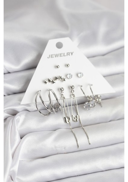 Gümüş Renk 6'lı Pirinç Küpe Seti - Lisinya