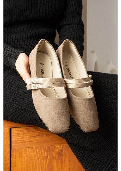 Gracy Bej Kadın Süet Tokalı Babet Kare Burun Zarif Düz Taban Günlük Ayakkabı