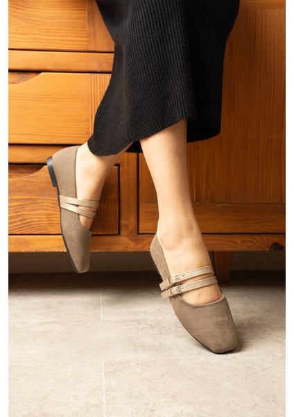 Gracy Bej Kadın Süet Tokalı Babet Kare Burun Zarif Düz Taban Günlük Ayakkabı modelleri