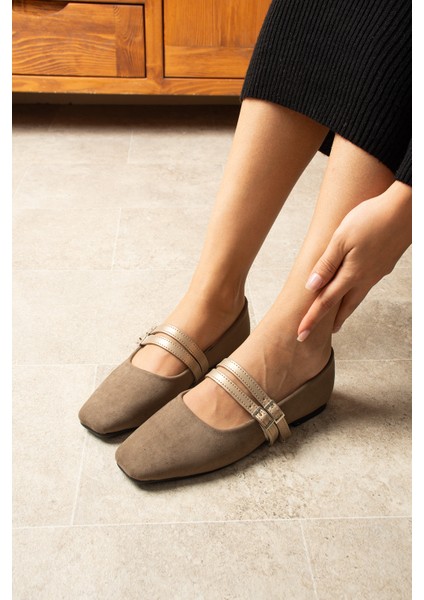 Gracy Bej Kadın Süet Tokalı Babet Kare Burun Zarif Düz Taban Günlük Ayakkabı fırsatları