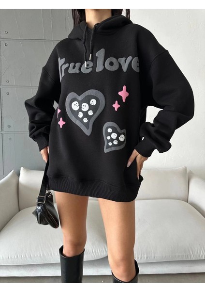 3 Iplik Şardonlu Oversize True Baskılı Sweat Siyah