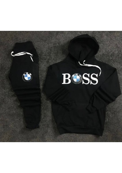 Punıx Büyük Beden Özel Seri Kapüşonlu Bmw Baskılı %100 Pamuk Kışlık Dış Mekan Trend Erkek Eşofman Takımı