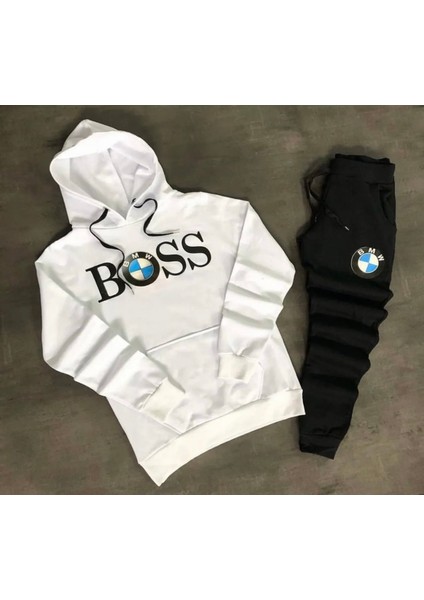 Punıx Büyük Beden Özel Seri Kapüşonlu Bmw Baskılı %100 Pamuk Kışlık Dış Mekan Trend Erkek Eşofman Takımı