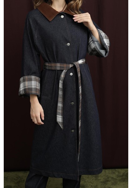 Kadın Ekose Detaylı Denim Trenç Mont - 32393TRCT