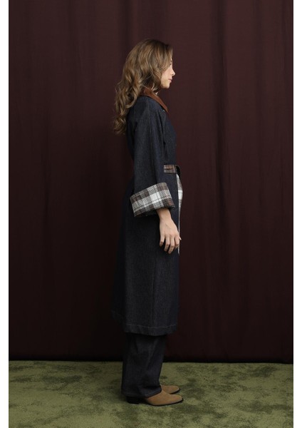 Kadın Ekose Detaylı Denim Trenç Mont - 32393TRCT fırsatları