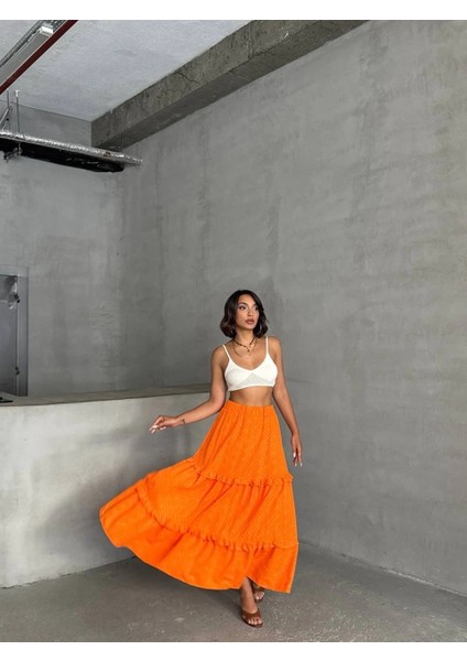 Fırfırlı Brodeli Astarlı Uzun Etek Turuncu S255047 modelleri