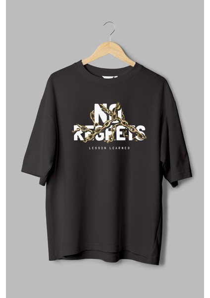 %100 Pamuk Oversize Tshirt No Regrets Baskılı T-Shirt Bisiklet Yaka Siyah Unisex Tişört T1077 fiyatları
