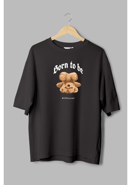 %100 Pamuk Oversize Tshirt Teddy Bear Born To Be Different T-Shirt Bisiklet Yaka Siyah Tişört T1094