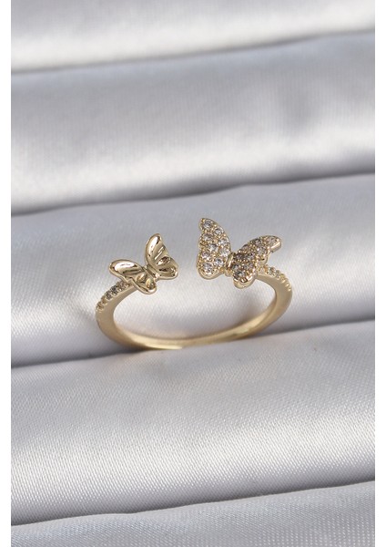 Pirinç Gold Renk Ayarlanabilir Zirkon Taşlı Kelebek Model Kadın Yüzük - Lisinya