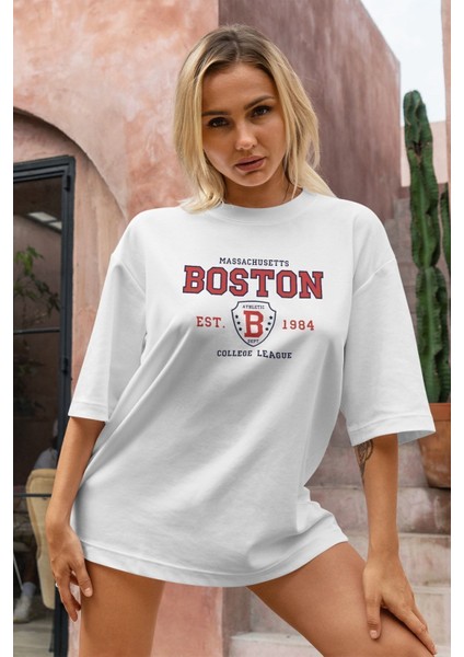 Boston Baskılı Yarı Oversize T-Shirt 1034