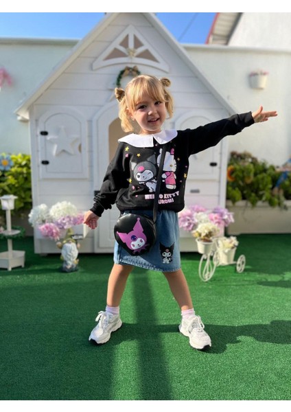Yeni Sezon Kız Çocuk Kromi ve Hello Kıtty Detaylı Şort Etek Alt Üst Takım - Çanta Hediyeli
