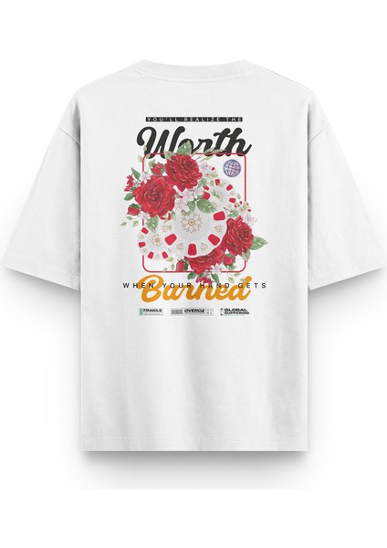 Beyaz Oversize Tshirt Illüstrasyon Sırt Baskılı Oversize Yazılı Unisex Tişört 1328