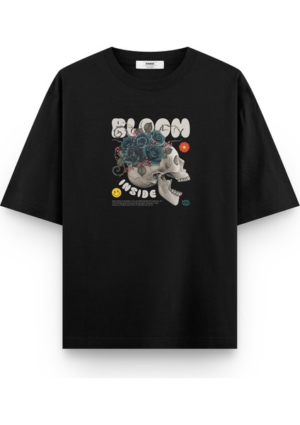 Siyah Oversize Tshirt Bloom Inside Baskılı Oversize Yazılı Unisex Tişört 1333