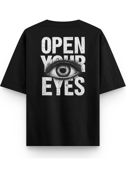 Open Your Eyes Sırt Baskılı Yarı Oversize Siyah Tshirt 1394