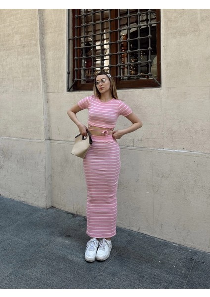 Çizgili Etekli Takım Pembe S3609