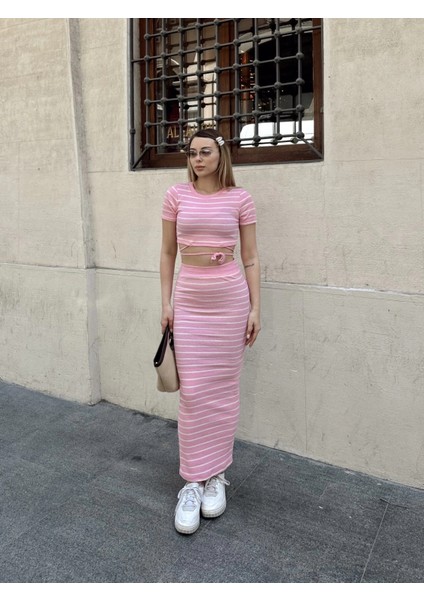 Çizgili Etekli Takım Pembe S3609 indirimleri