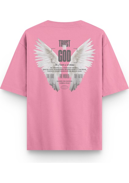 Pembe Yarı Oversize Tshirt Trust In God Melek Kanadı Angel Baskılı Oversize Tişört 1387