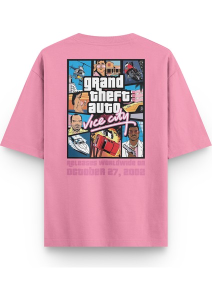 Gta Vice City Yarı Oversize Sırt Baskılı Pembe Tshirt 1314