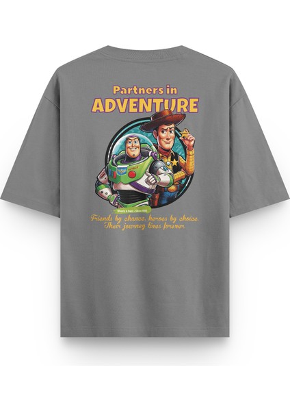 Toy Story Tişört Yarı Oversize Sırt Baskılı Gri Toy Story Tshirt 1391