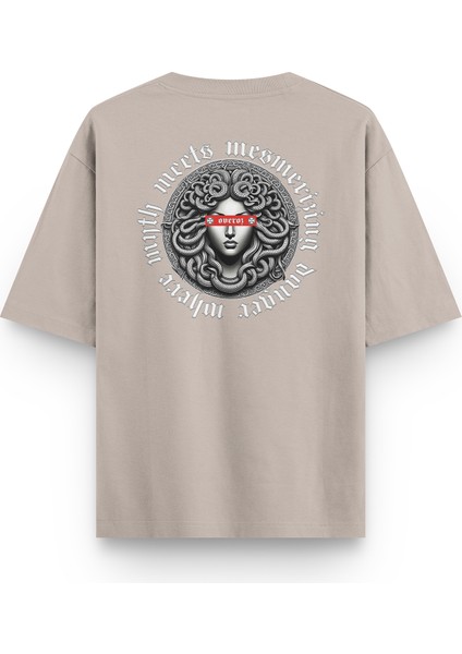 Medusa Sırt Baskılı Yarı Oversize Taş Rengi Tshirt 1398