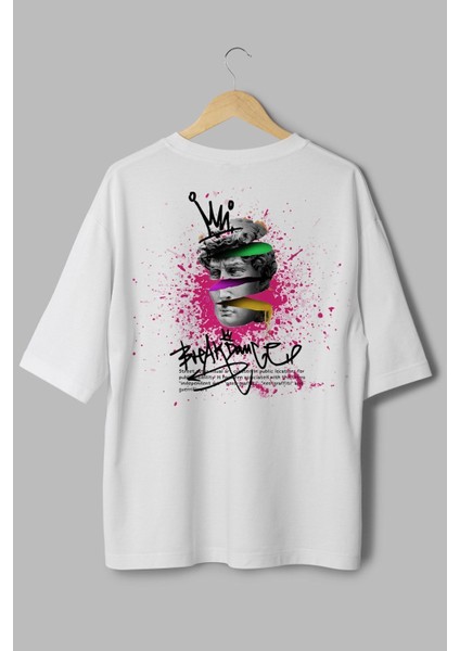 %100 Pamuk Oversize Tshirt Yunan Heykeli Sırt Baskılı T-Shirt Bisiklet Yaka Beyaz Tişört T1041