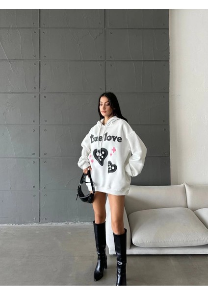 3 Iplik Şardonlu Oversize True Baskılı Sweat Beyaz