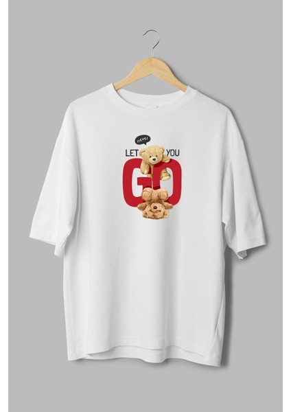 %100 Pamuk Oversize Tshirt Teddy Bear Baskılı T-Shirt Bisiklet Yaka Beyaz Unisex Tişört T1093