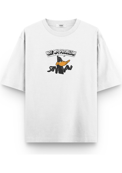 %100 Pamuk Oversize Tshirt Daffy Duck Not My Problem T-Shirt Bisiklet Yaka Beyaz Tişört T1164