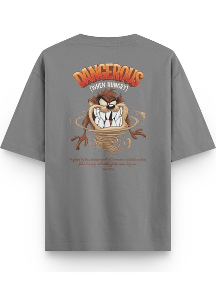 Tazmanian Devil Tazmanya Canavarı Sırt Baskılı Yarı Oversize Gri Tshirt 1392