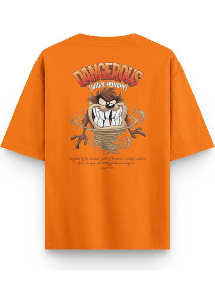 Tazmanian Devil Tazmanya Canavarı Sırt Baskılı Yarı Oversize Turuncu Tshirt 1392