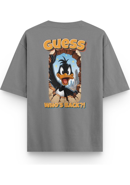 Daffy Duck Sırt Baskılı Yarı Oversize Gri Tshirt 1393