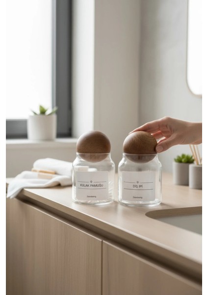 Dekoratif Ahşap Top Kapak Kulak Pamuğu ve Diş Ipi Kavanozu Kutusu 300ML