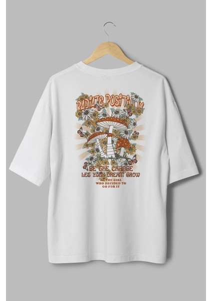 %100 Pamuk Oversize Tshirt Mantar Sırt Baskılı T-Shirt Bisiklet Yaka Beyaz Unisex Tişört T1079
