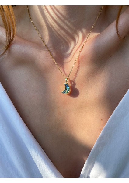 Gerçek Sedef Uçlu Hilal Gold Çelik Kolye