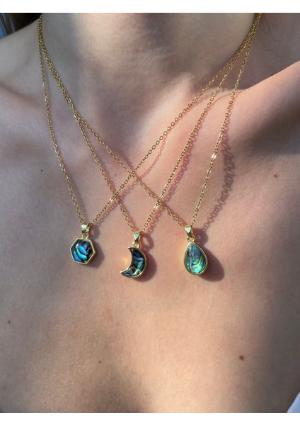 Gerçek Sedef Uçlu Hilal Gold Çelik Kolye modelleri