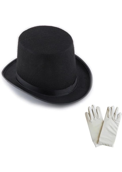 Siyah Sihirbaz Fötr Şapka 15 cm - 1 Çift Beyaz Sihirbaz Eldiveni - Yetişkin Boy fiyatları