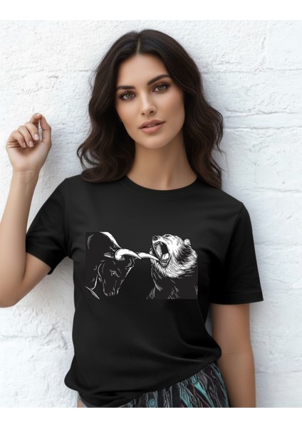 Devısso Traders Bear & Bull Fight - Traders, Borsaci Kadın Siyah T-Shirt