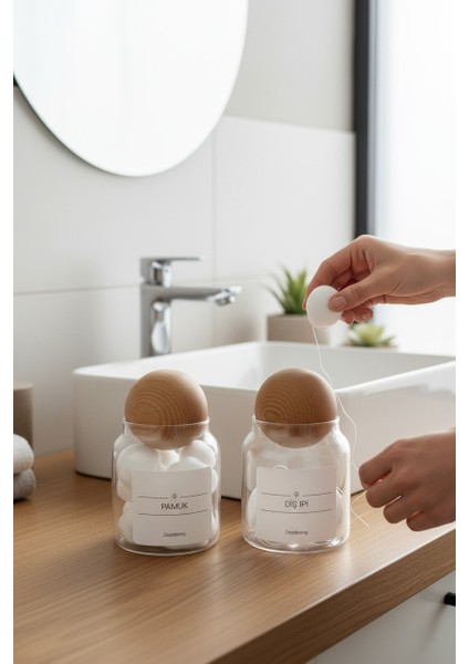 Dekoratif Ahşap Top Kapak Pamuk ve Diş Ipi Kavanozu Kutusu 300ML