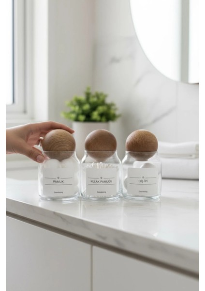 Dekoratif Ahşap Top Kapak Pamuk,kulak Pamuğu ve Diş Ipi Kavanozu Kutusu 300ML