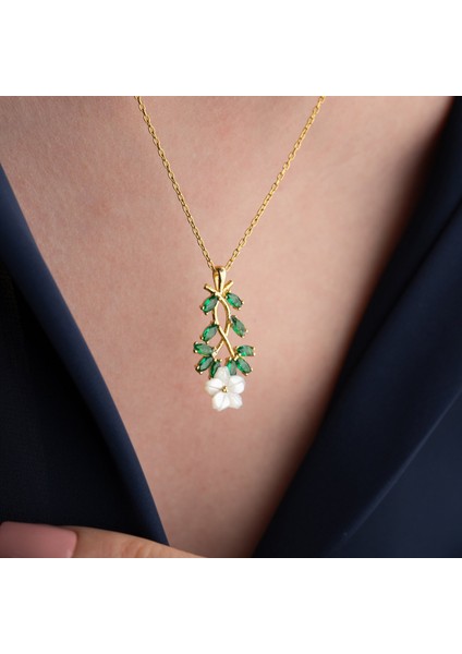 925 Ayar Gümüş Sedef Çiçekli Yeşil Taşlı Kolye fiyatları