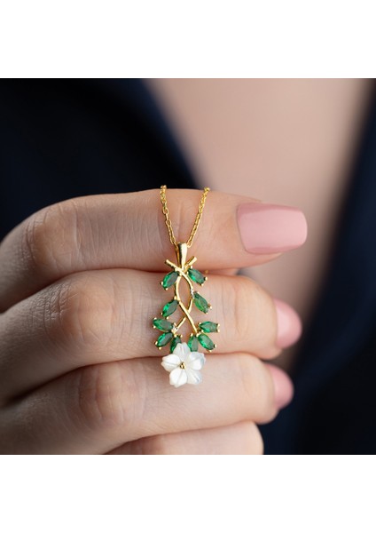 925 Ayar Gümüş Sedef Çiçekli Yeşil Taşlı Kolye modelleri