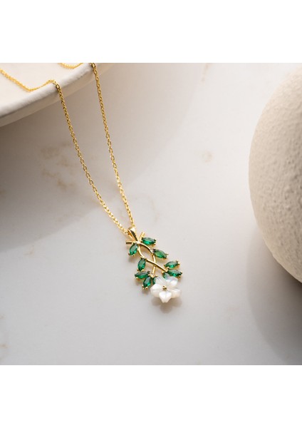 925 Ayar Gümüş Sedef Çiçekli Yeşil Taşlı Kolye fırsatları